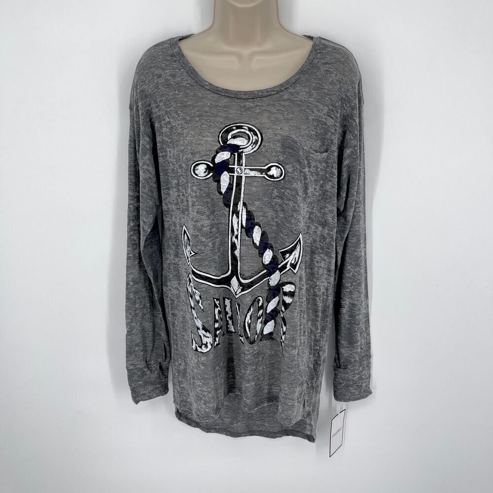 Lauren Moshi Womens Bayle Burnout T-Shirt Pocket Sailor NEW M/L Gray White Blue